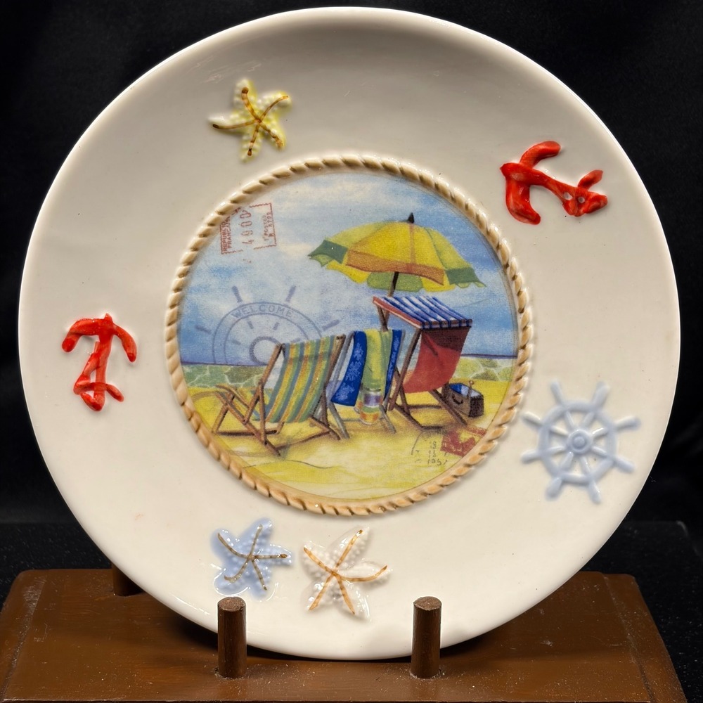 Vintage Coastal Beach Scene Ceramic Wall Plate 3D Nautical Relief 8 Inch
